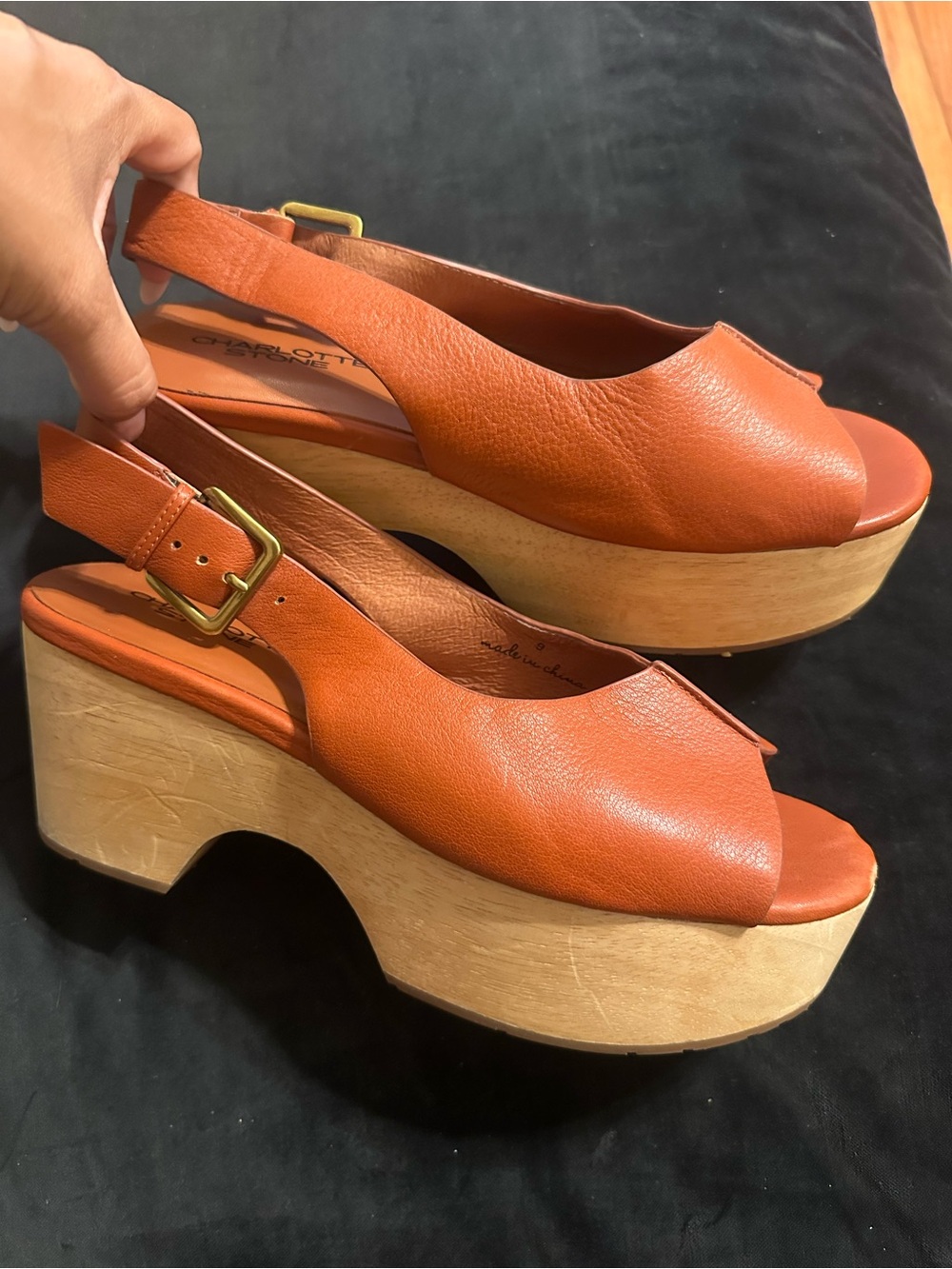 Charlotte Stone size 9 Chunky Wood Platform Slingback Sandals - Orange Leather